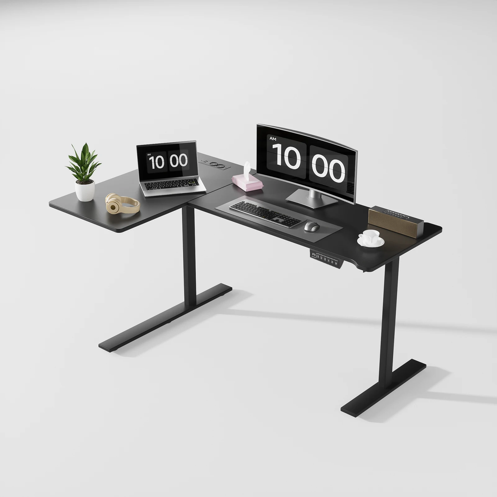 COSYHOMES-Höhenverstellbarer L-Förmiger Schreibtisch, 160 × 120 Cm, Mit Steckdosen, Einstufig, Schwarz Image