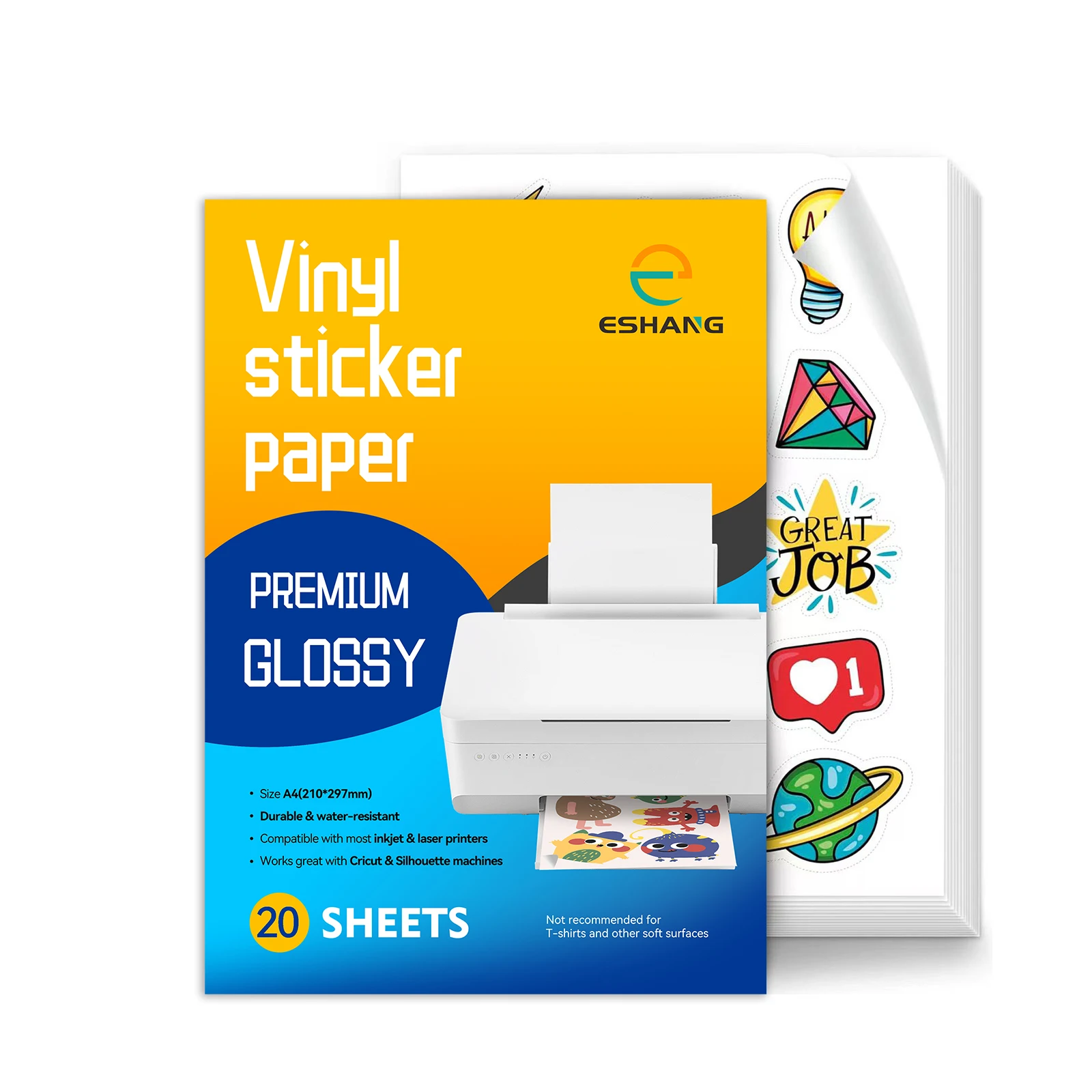 ESHANG Druckbares Vinyl-Aufkleberpapier im A4-Format für Tintenstrahldrucker, hochglänzendes weißes, wasserfestes Aufkleberpapier, selbstklebende Blätter Image