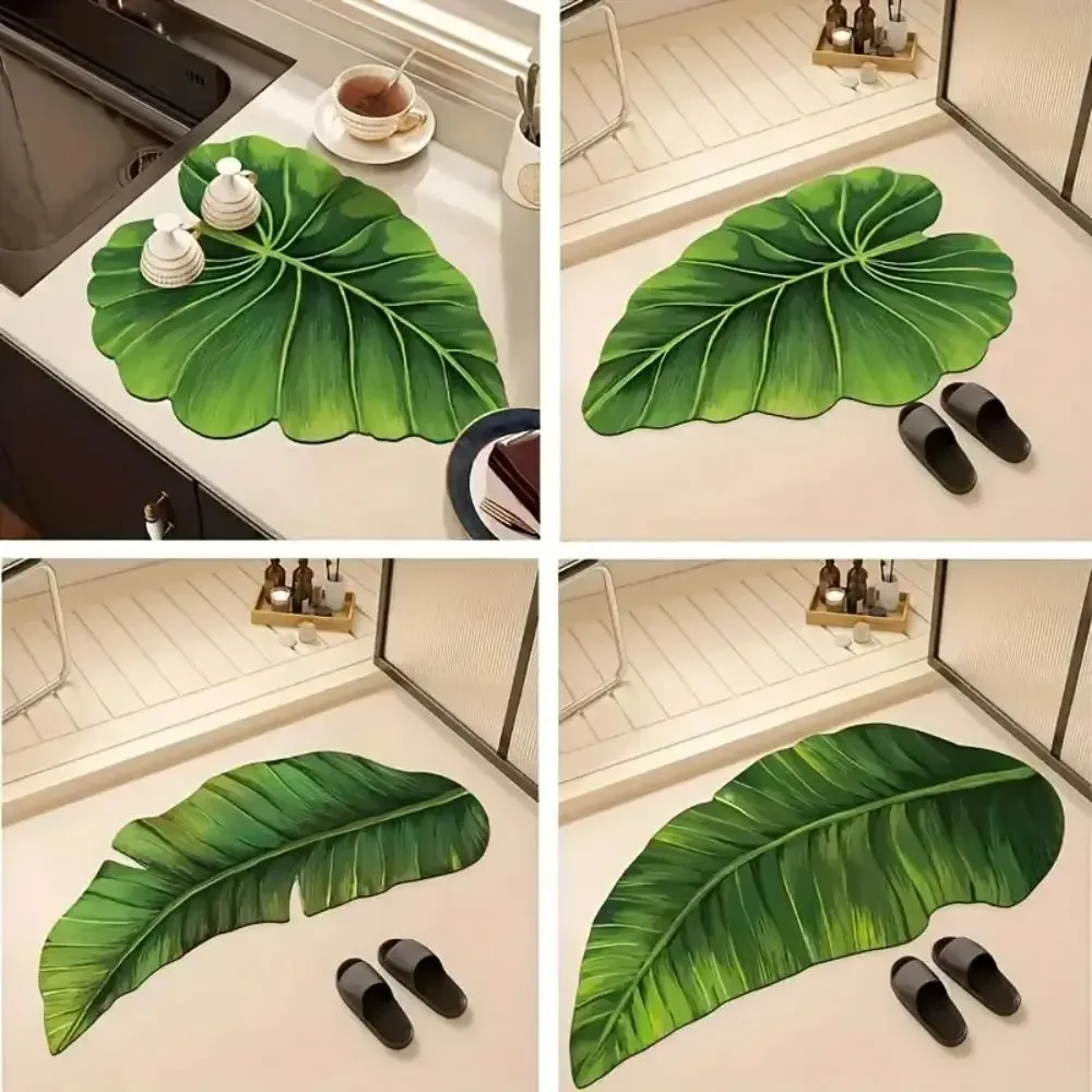 VIKAMA Simple Leaf Badezimmer-Fußmatten, wasserabsorbierende, rutschfeste und schnell trocknende Badezimmertür-Fußmatten, Heimdekoration Image