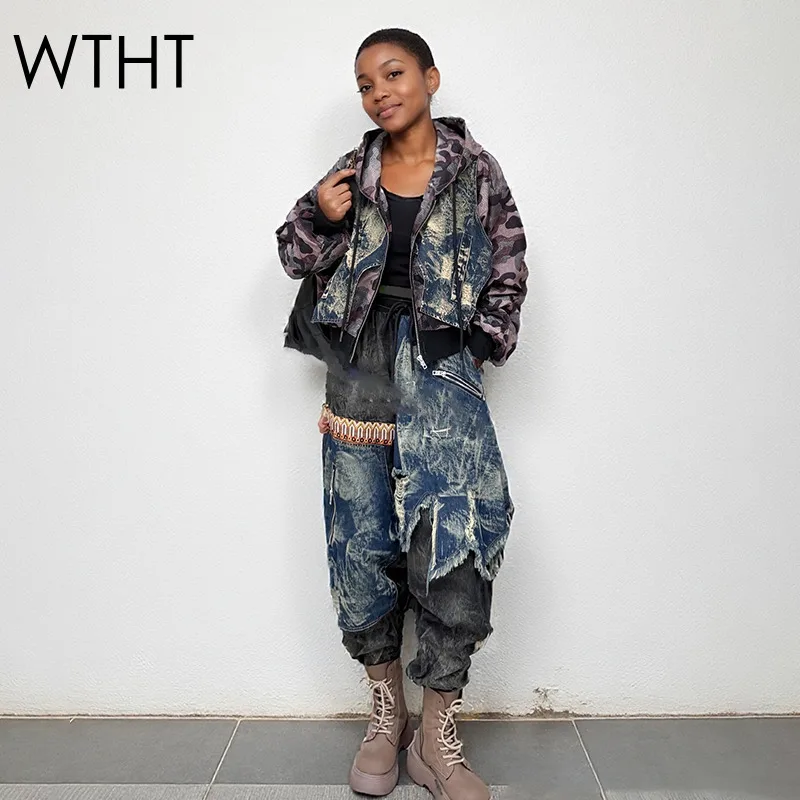 WTHT Trendy frauen Camouflage Gespleißt Waschen Denim Lose Mit Kapuze Jacke Elastische Taille Lose Jeans Weibliche 2025, Herbst 1LS2492 Image