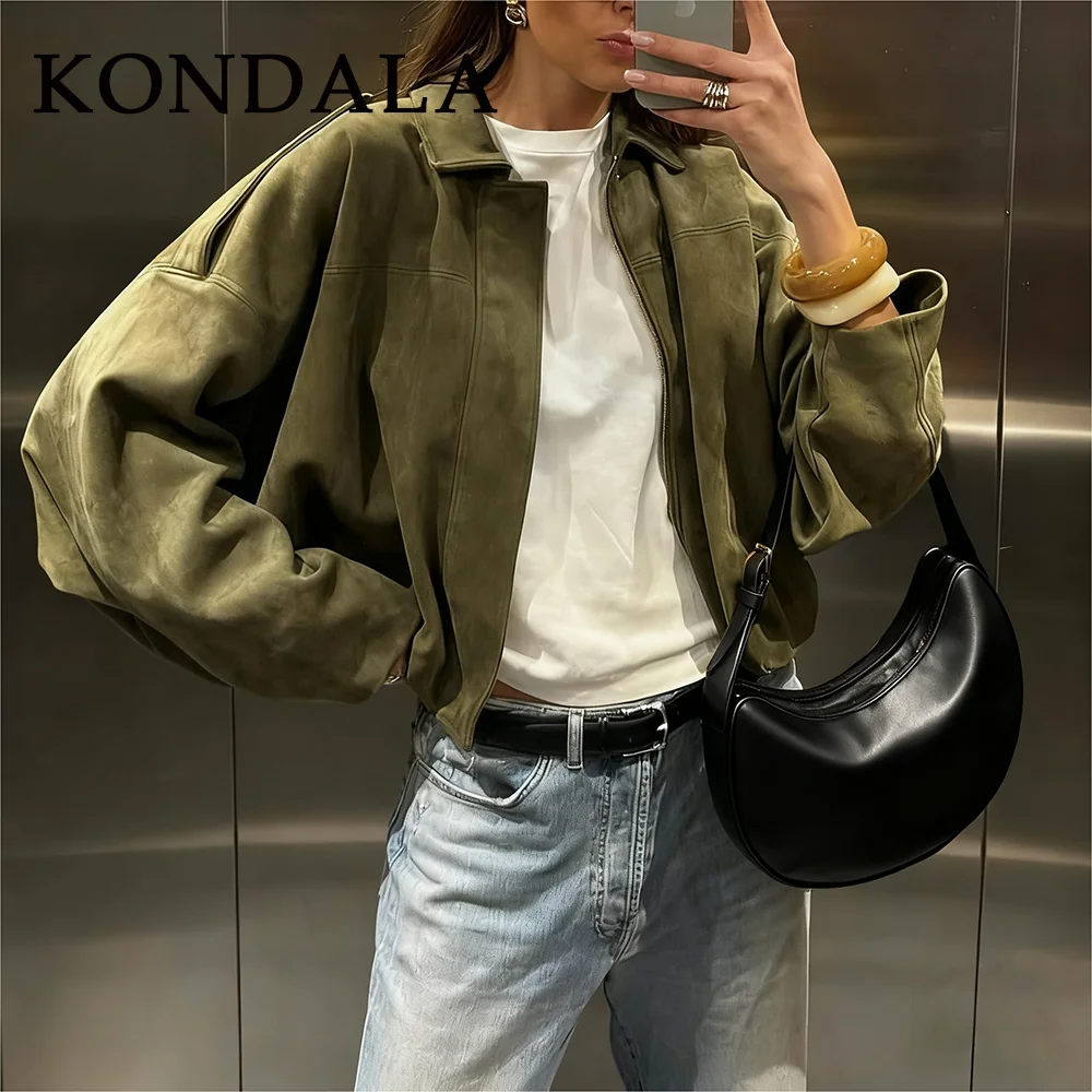 KONDALA 2025, Herbst-Winter-Damen-Bomberjacken, grün, übergroß, Weihnachten, Business-Casual, Damenmäntel, elegante Wildleder-Damenmäntel