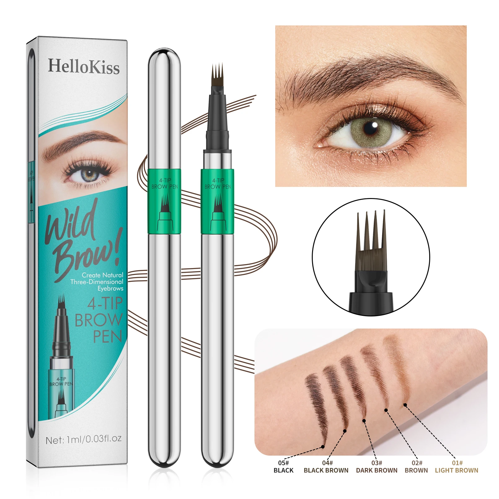 Hellokiss Wasserfester Augenbrauenstift, Microblading-Augenbrauenstift mit 4 geteilten Köpfen, natürlich aussehendes Augenbrauen-Make-up (5 Farben) Image