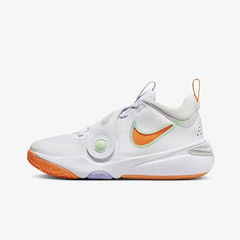 Nike dämpfende und verschleißfeste Trainings-Basketballschuhe für Damen, New Team Hustle D 11, bequeme Outdoor-Mid-Top-Basketballschuhe, stilvolle und vielseitige Patchwork-weiße