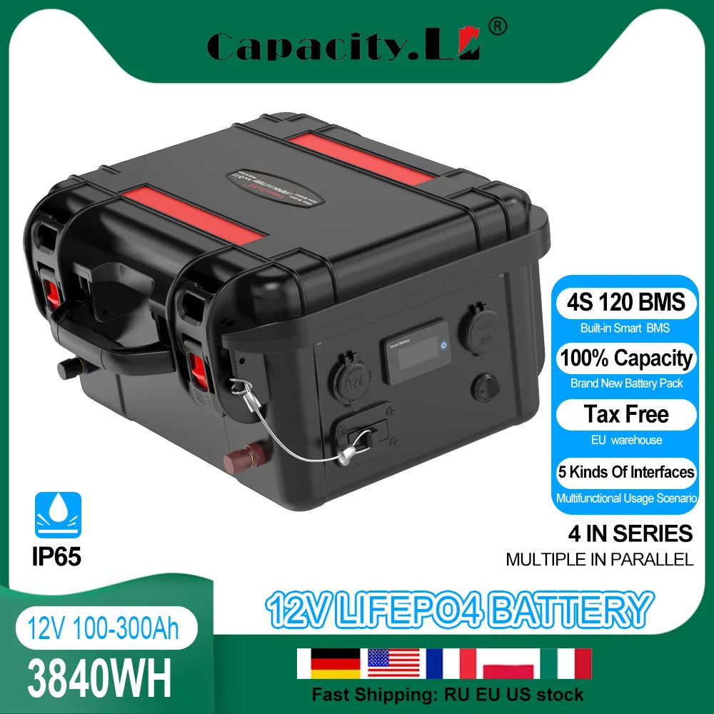 12.8V 100Ah 120Ah 300Ah Lifepo4 Battery Rechargeable Parallel 12.8V LiFePo 4 battery Pack with BMS Outdoor Power Black/Orange
