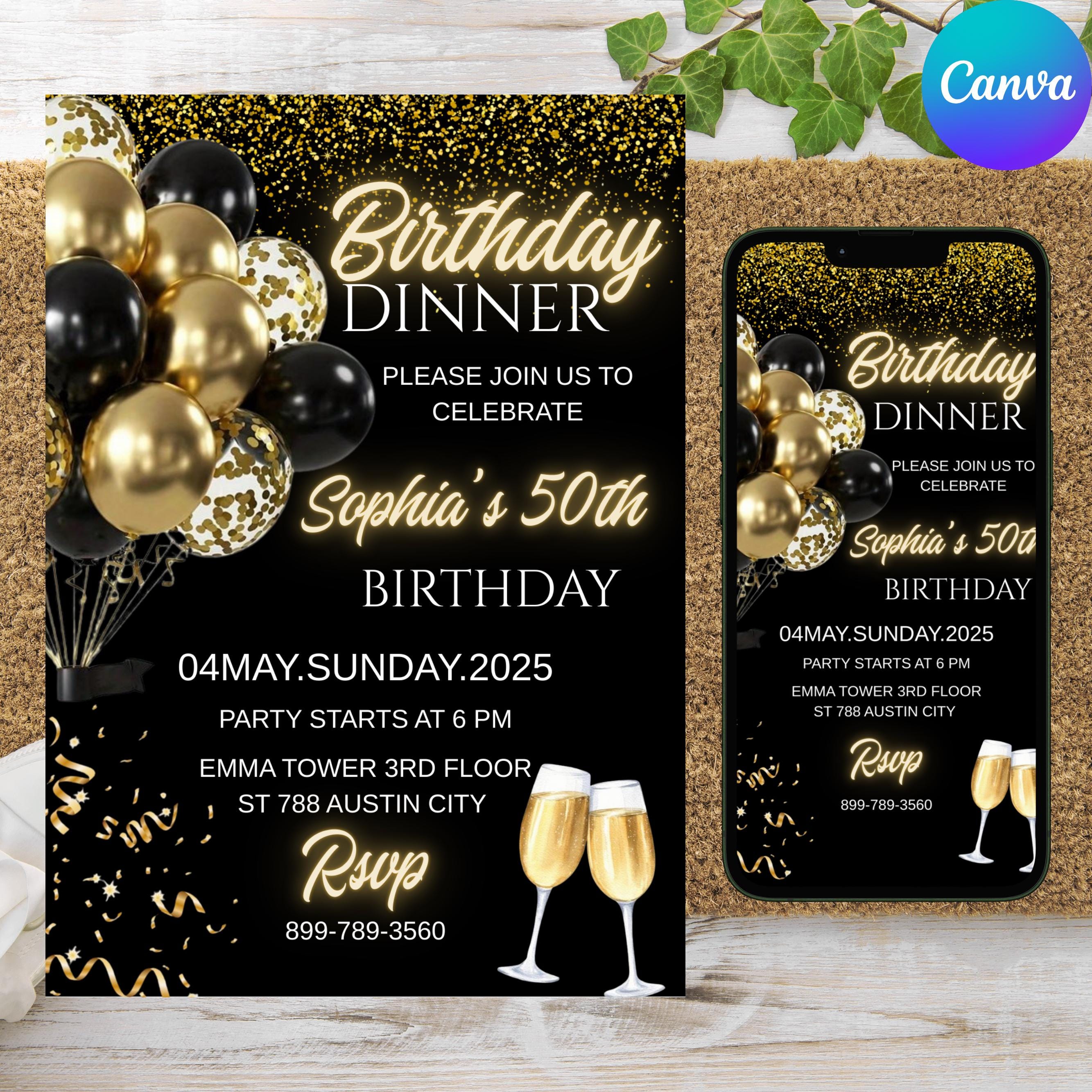 Modello di invito per cena di compleanno, invito di compleanno, invito digitale per cena di compleanno, invito a cena, invito per festa, modificabile