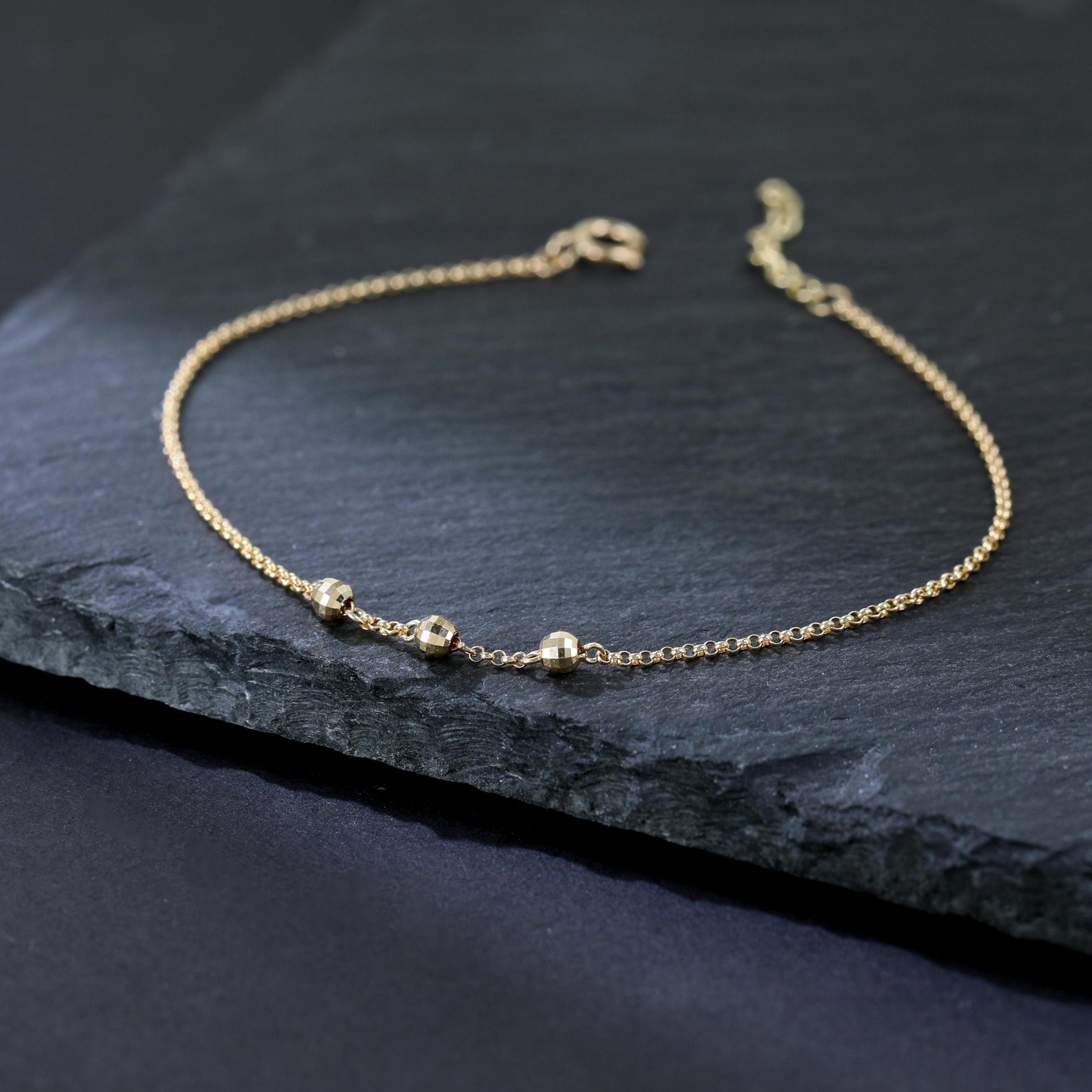 Bracciale a tre sfere in oro massiccio 14 carati, bracciale minimalista in oro massiccio, bracciale a sfere delicato in oro 14 carati, bracciale in or