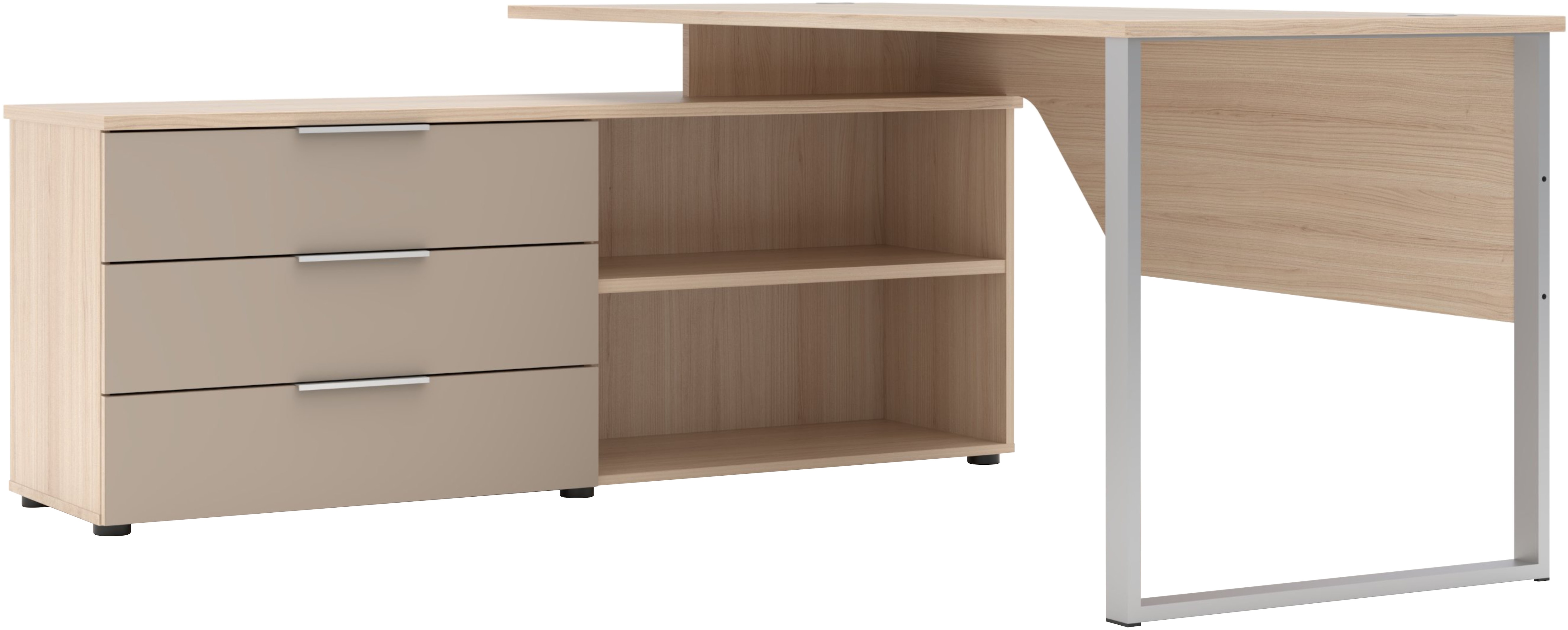 Schreibtisch INNOSTYLE "Schreibtisch Santorin, 180/77/160 cm ( B/H/T)", riva eiche, cashmere, silber matt, riva eiche, cashmere, B:180cm H:77cm T:160cm, Tische, Schreibtisch