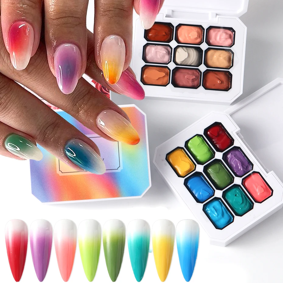 9-Farben-Nagelgelpoliermittel mit Regenbogen-Farbverlauf, Flicken, Rosa, Braun, Aprikose, Ombre, Zeichnung, Malerei, halbfester Nagel-UV-Gel-Lacke Image