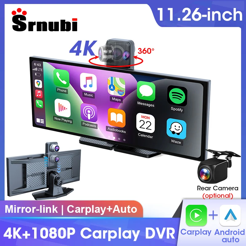 Srnubi 11,26" Carplay Auto DVR 4K+1080P Dash cam 2160P Drehbare Front Objektiv Recorder Android Auto Registrar Mirror-link Ai Voice Image