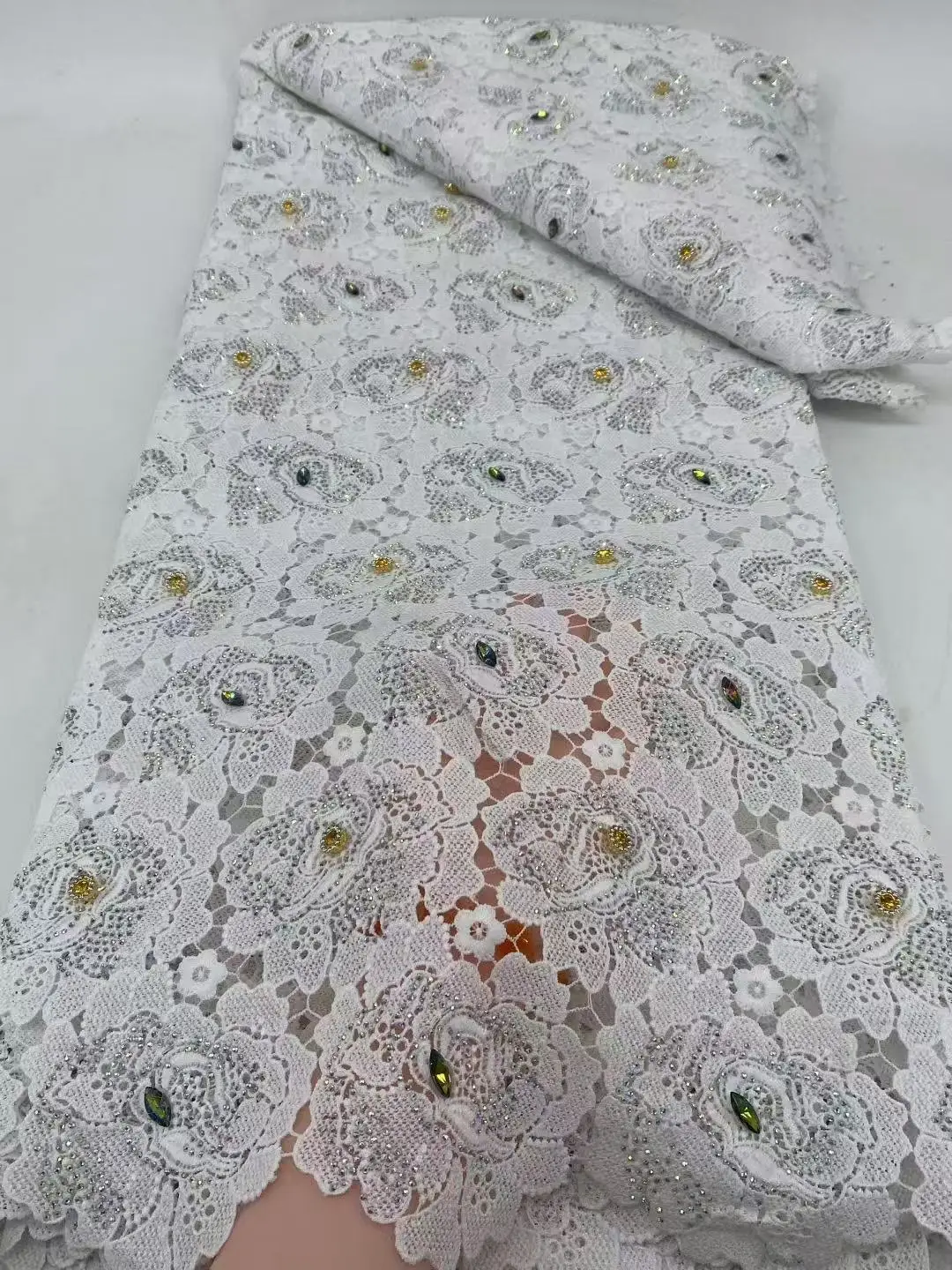 Afrikanischer Chiffon-Perlen-Spitzenstoff, hochwertiger nigerianischer Stein-Spitzenstoff, Bräutigam-Chiffon, französische Braut, Hochzeitskleid, Nähen Image