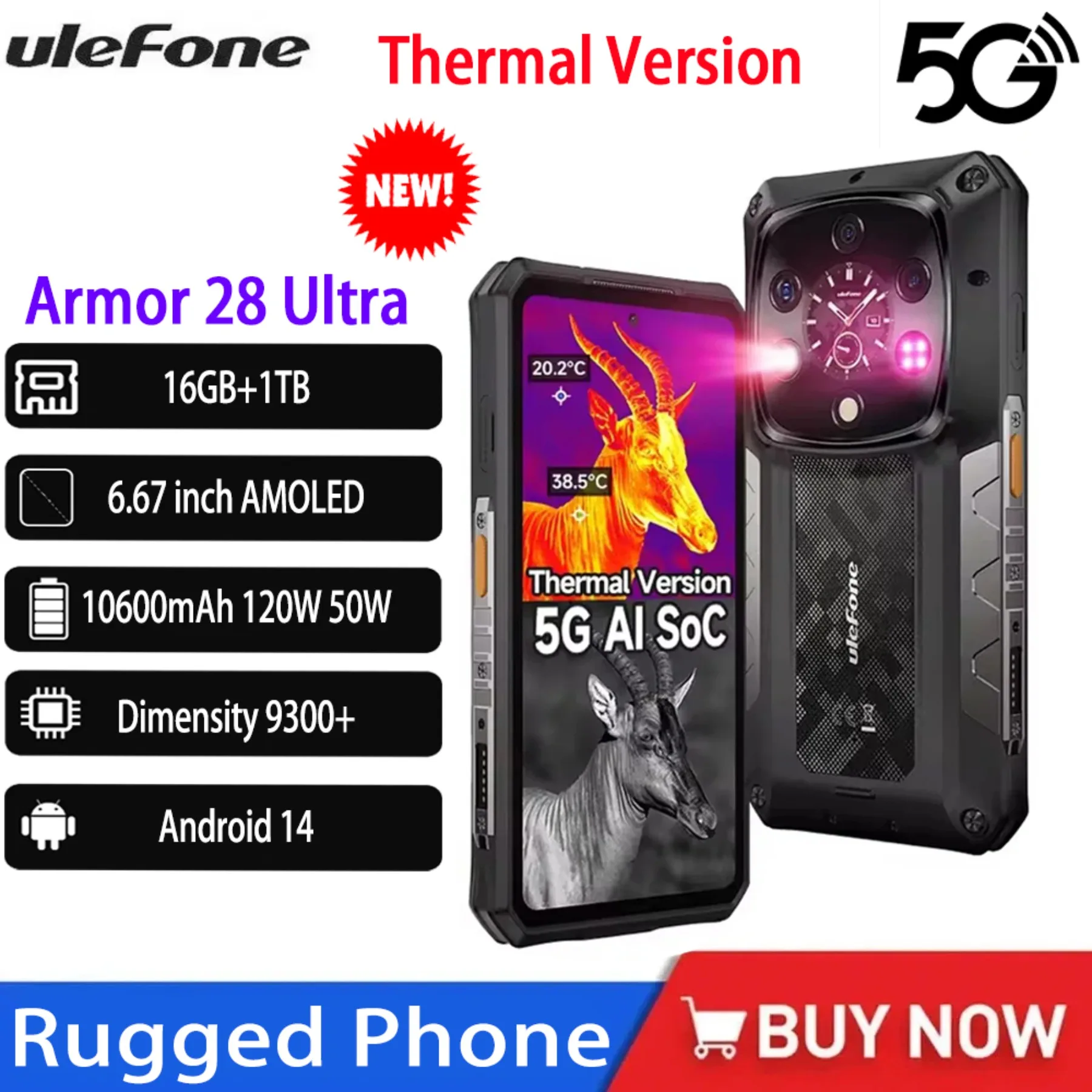 Ulefone Armor 28 Ultra Thermal Version 5G Robustes Telefon AI Wärmebild 1 TB ROM Smartphone AMOLED 6,67“ FHD 10600 mAh Handy Image