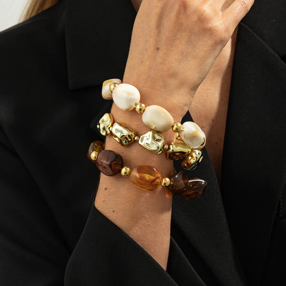 SHIXIN 3 Teile/satz Vintage Harz Acryl Perlen Armbänder für Frauen Trendy Unregelmäßige Stapelbare Elastische Armreif Party Schmuck Geschenk Image