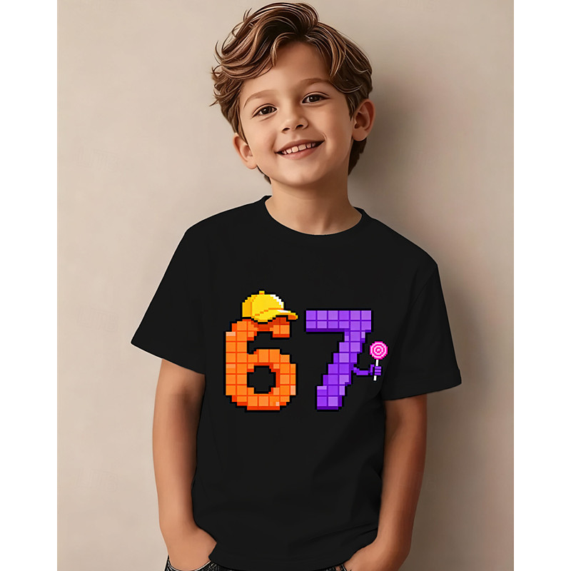 Cotton Kids Boys' Black White Graphic Hat Funny Slang 67 T shirt Blouse Crew Neck Short Sleeve Outdoor Dailywear Fashion Streetwear Designer Printing Summer