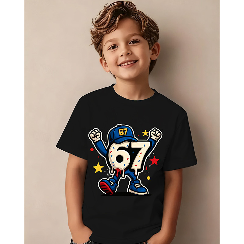 Cotton Kids Boys' Black White Graphic Funny Slang 67 T shirt Blouse Crew Neck Short Sleeve Outdoor Dailywear Fashion Streetwear Designer Printing Summer
