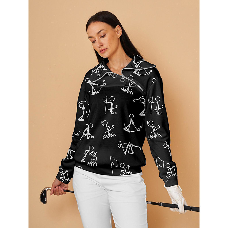 Women's Golf Pullover Sweatshirt Black Long Sleeve Top Ladies Golf Attire Clothes Outfits Wear Apparel