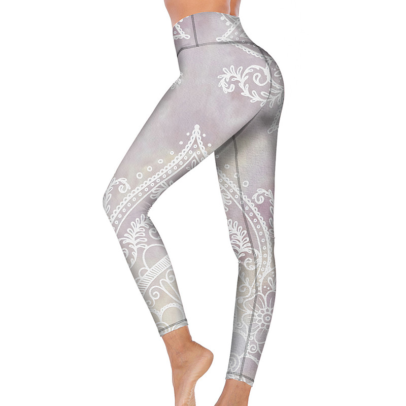 Women's Sports Gym Leggings Yoga Pants High Waist Spandex Light gray Winter Tights Leggings Print Tummy Control Butt Lift Clothing Clothes Fitness Gym Workout Running / High Elasticity