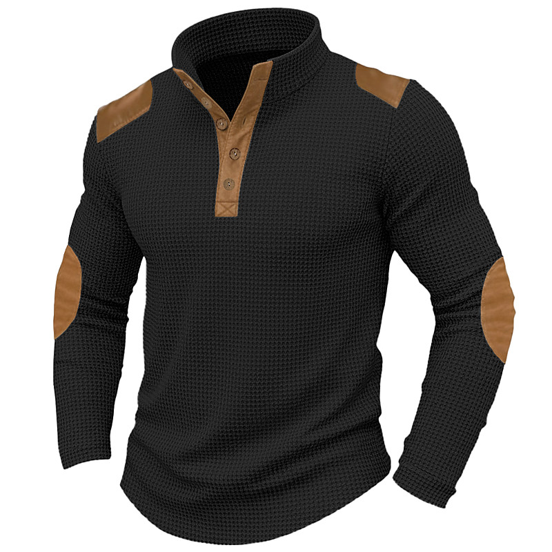 Men's T Shirt Waffle Henley Shirt Tee Top Shirts With Elbow Patches Long Sleeve Color Block Fashion Designer Basic Patchwork Stand Collar Henley Casual Vacation Street Fall Spring Fall Fall