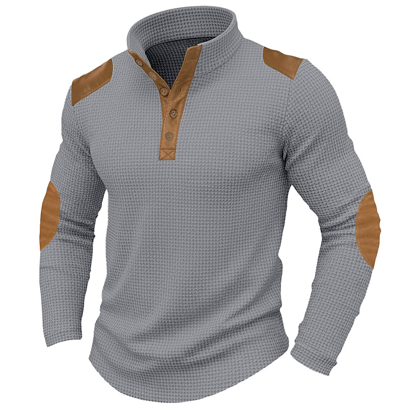 Men's T Shirt Waffle Henley Shirt Tee Top Shirts With Elbow Patches Long Sleeve Color Block Fashion Designer Basic Patchwork Stand Collar Henley Casual Vacation Street Fall Spring Fall Fall