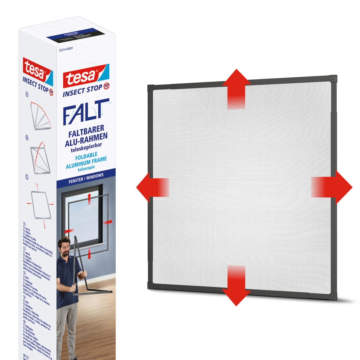 Insektenschutz-Fensterrahmen TESA "Insect Stop Falt Fliegengitter für Fenster - min 0,8 m bis max. 1,4 m", schwarz (rahmen: anthrazit gewebe: schwarz), B:80cm H:80cm, Insektenschutzgitter, Mückenschutz-verstellbarem Rahmen aus Aluminium-ohne bohren