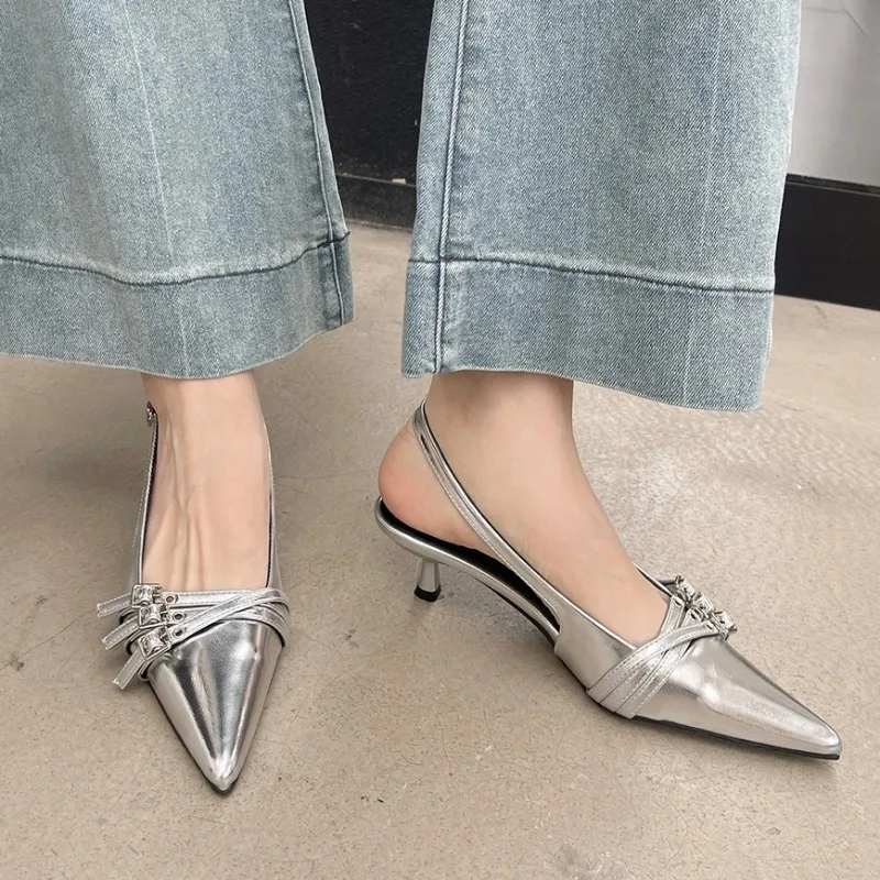 New Arrivals Pointed Toe Women Sandals Fashion Elastic Band Thin Mid Heels Red Black Silver Dress Shoes Woman Fashion red 40