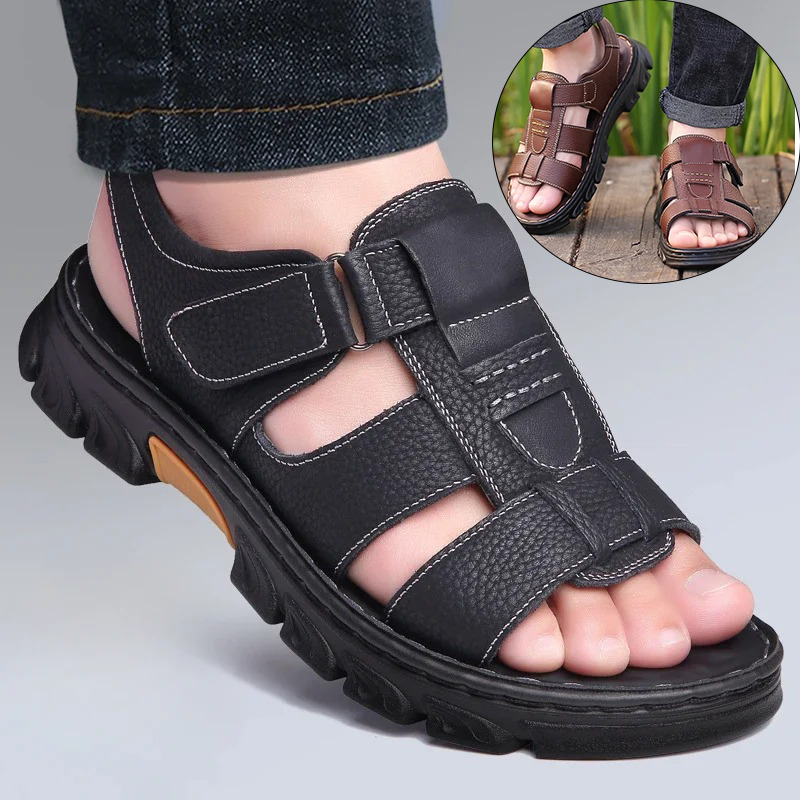 Mens Casual Summer Sandals Adjustable Solid Color Shoes With Durable Rubber Sole Breathable PU For Outdoor Walking black 42