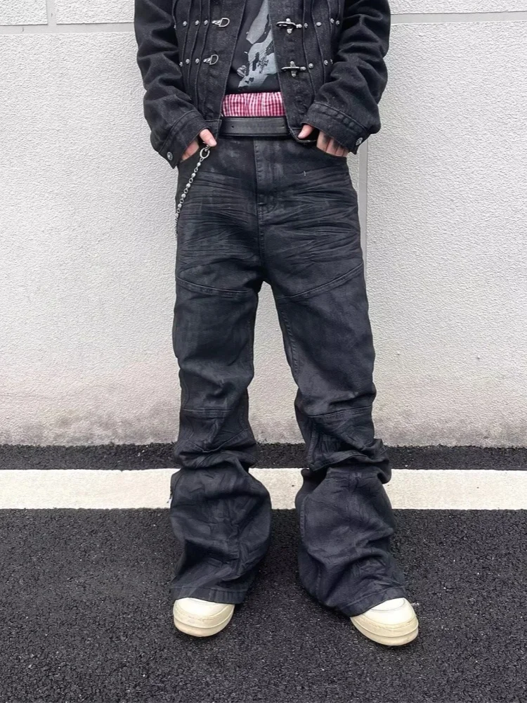 2025 Amerikanische Retro Y2K Streetwear Schwarz Baggy Plissee Ausgestellte Jeans Hosen Für Männer Kleidung Gothic New Rock Baumwolle Lange Hosen
