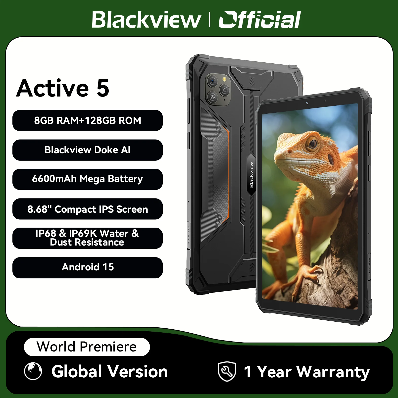 Blackview Active 5 Robustes Tablet, 8,68 Zoll HD+ 90Hz Android 15 Mini-Pad, 6GB+128GB, 6600mAh Akku, Wasserdicht/Dual-SIM/IP68/NFC/GPS Image