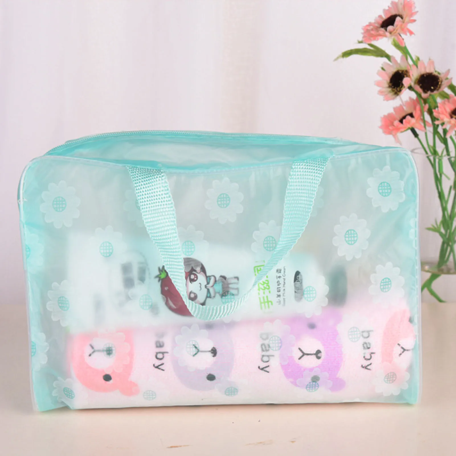 Wasserdichte, florale, transparente Kosmetiktasche, Reise-Kulturbeutel, Organizer, PVC, Make-up-Aufbewahrungstasche mit Griff für Damen, 20 x 9 x 16 cm Image