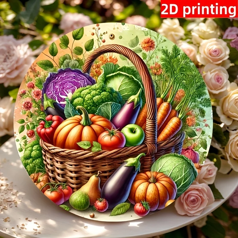2D flach, 1 Stück, bezaubernder Vintage-Stil, bunter Gemüse- und Obstkorb, Holzschild, runde Plakette, Heimdekoration, hängende Wandkunst – Image