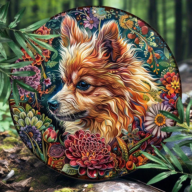 Pomeranian Mandala Psychedelic Art 8x8" Runde Aluminium-Wanddekoration – UV- und kratzfest, einfach aufzuhängen, perfekt für drinnen und draußen Image