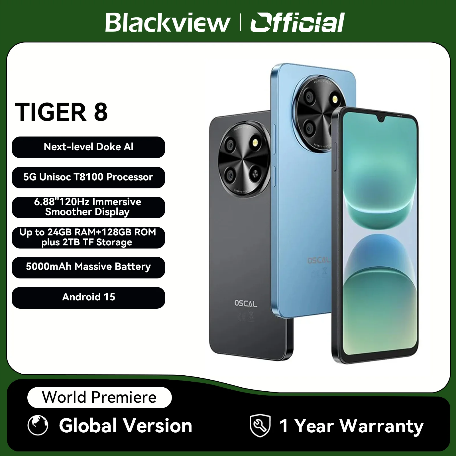 Blackview OSCAL TIGER 8 5G AI Smartphone 6,88" 120Hz Display 8 GB + 128 GB Speicher Unisoc T8100 Prozessor 5000 mAh Akku Android 15 Image