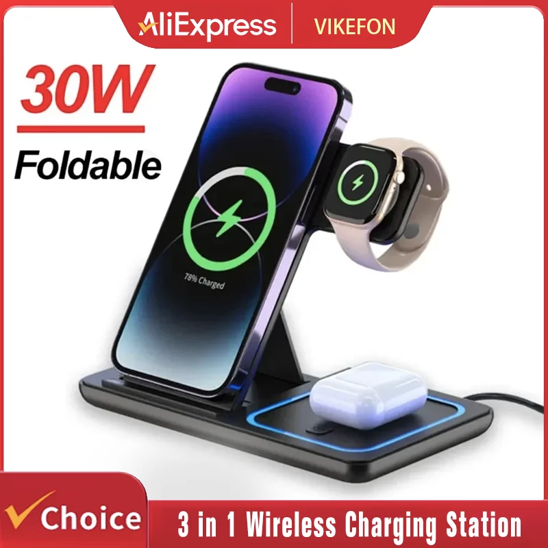 30W kabelloser Ladeständer 3 in 1 schnell für iPhone 16 14 13 12 11 Apple Watch Airpods Pro iWatch 8 7 6 faltbare Ladestation Image