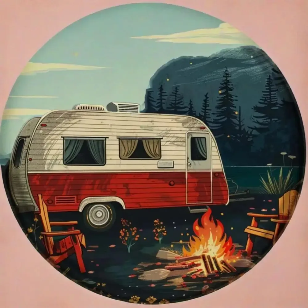 Nostalgisches Wohnmobil-Abenteuer: Vintage-Wohnmobil mit Lagerfeuer-Glühen, Distressed-Blechkunst – rustikale Wanddekoration für den Hinterhof aus Metall Image