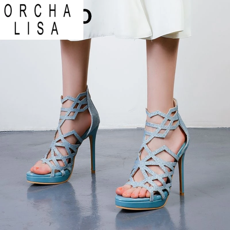 ORCHA LISA 2025 Neue Design Frauen Sandalen Peep Toe Stiletto 12 cm Plattform 2 cm Zipper Plus Größe 48 49 50 glänzende Mode Party Schuhe