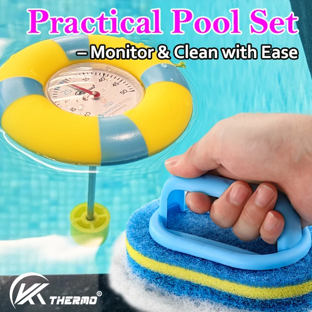 2-in-1-Pflegeset für den Pool, schwimmendes Pool-Thermometer und Schwammbürsten-Set, Design im Rettungsring-Stil, mechanisches Temperaturanzeige, No B Image