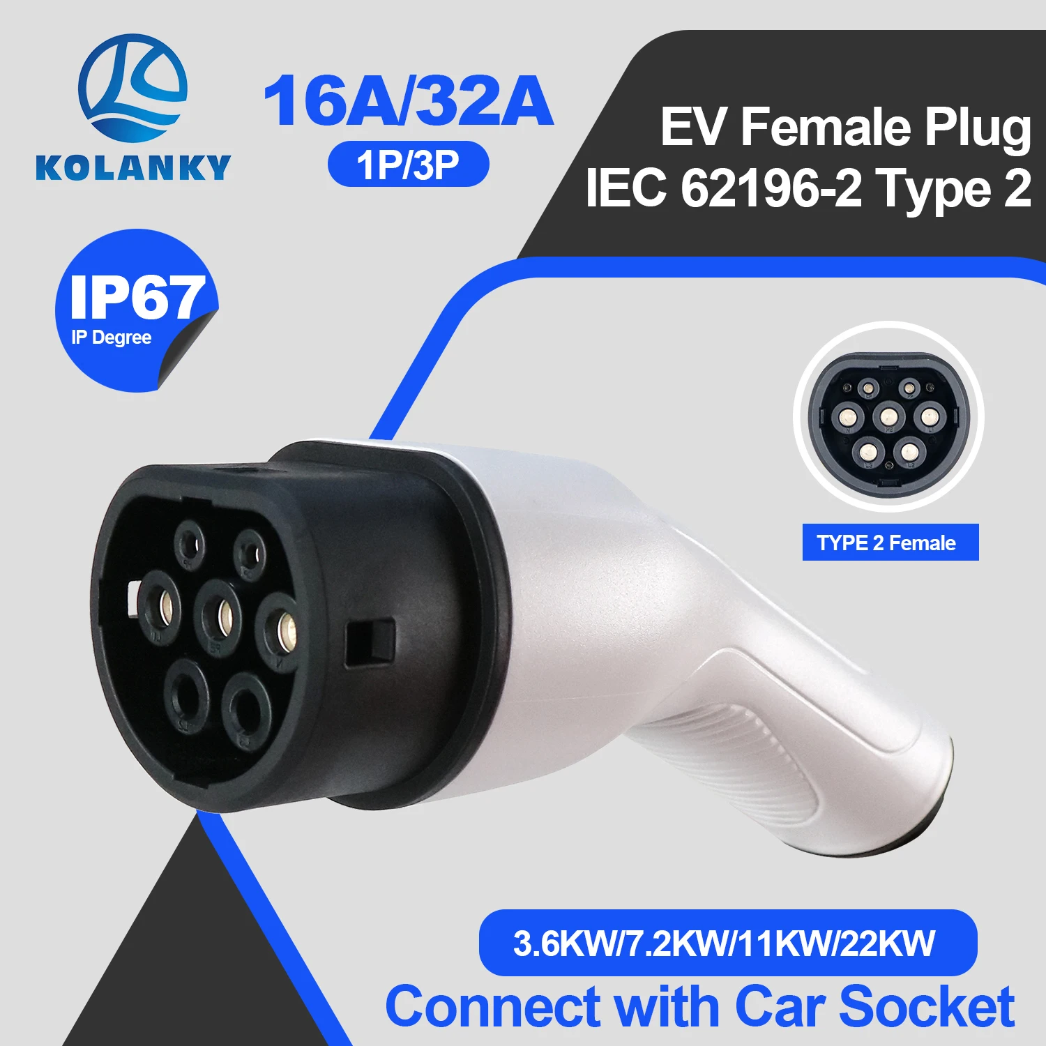 3,6/7,2/11/22 kW Typ 2 EV-Buchse, Ladestecker, 1P/3P, IEC 62196-2-Stecker zum Aufladen von Elektrofahrzeugen, Verbindung mit EV-Seite Image