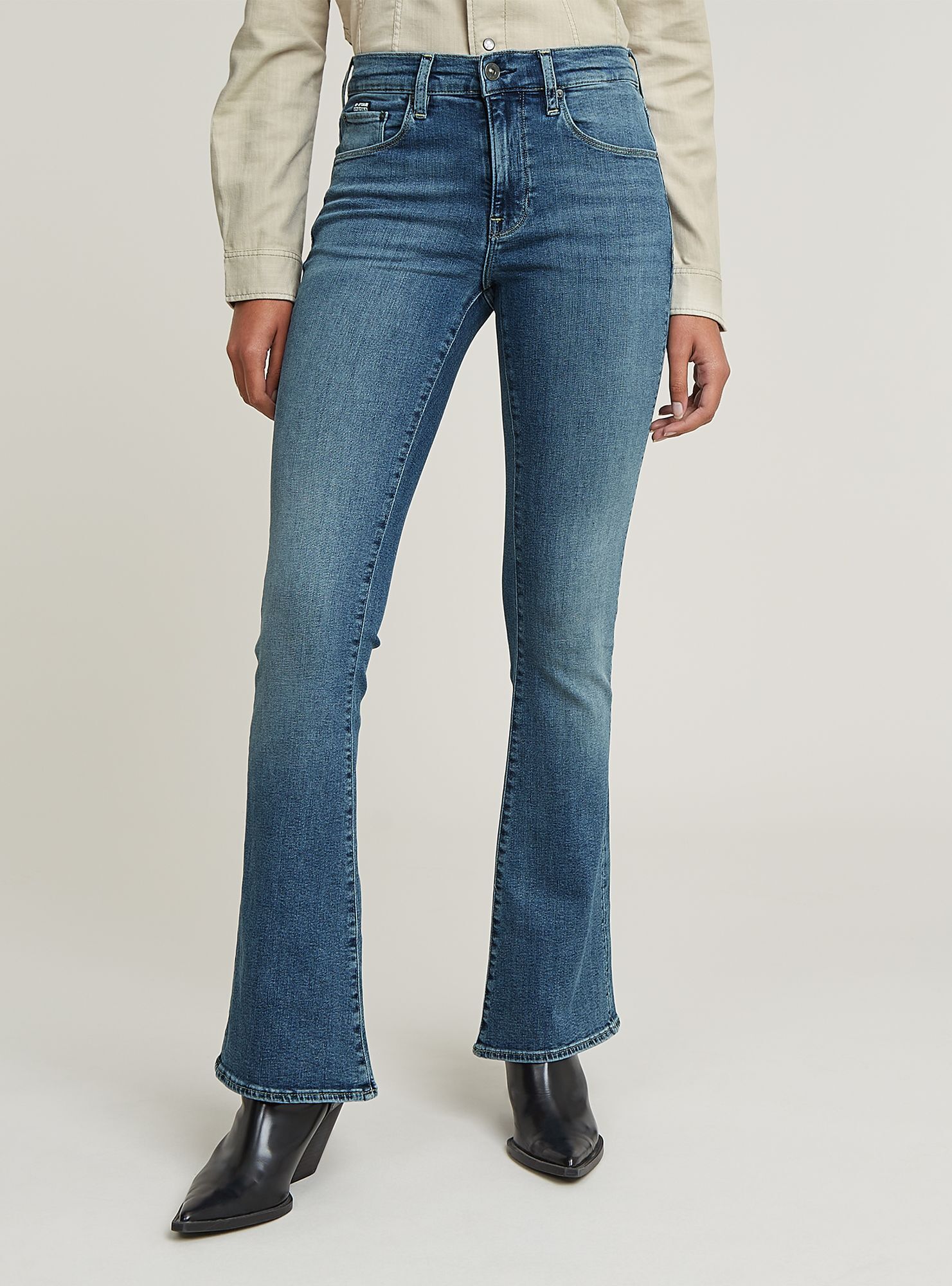 5-Pocket-Jeans G-STAR "3301 Flare Jeans", Damen, Gr. 28, Länge 28, faded icy blau, Obermaterial: 9% Polyester, 2% Elasthan, Jeans 5-Pocket-Jeans