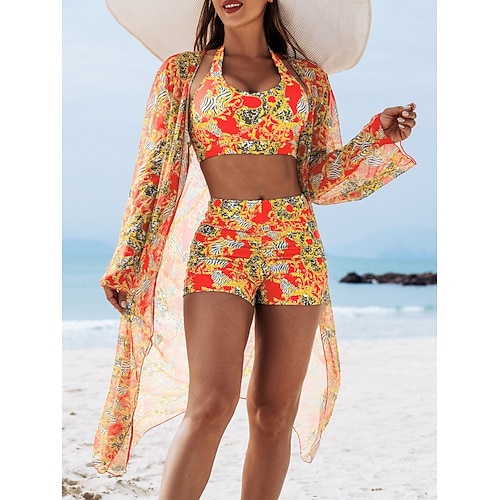 Frauen Bikini 3-teiliges Badeanzug Shorts Schlank Rückenfrei Urlaub Strandbekleidung Blumenmuster Halter Hals Ärmellose Badeanzüge Image