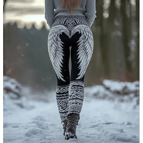 Damen Leggings Urlaub Vintage Ethno-Stil Volle Länge Hohe Taille Grafik Feder 3D-Druck Schnelltrocknend Atmungsaktivität Weich Dehnbar Täglich Heim Outdoor Dunkelrot Schwarz Blau aschgrau Sommer Image