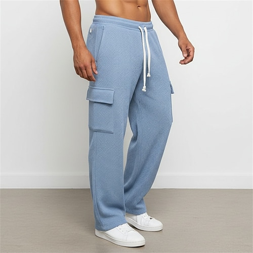 Herren Waffel Cargo-Hosen Cargo-Jogginghose Hose Gerade geschnittene Sweatpants Kordelzug Elastischer Bund Mehrere Taschen Einfach Komfort Feuchtigkeitsableitend Volle Länge Lässig Täglich Sport im Image