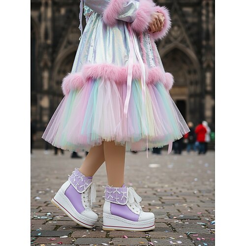 Damen Mardi Gras orange Wedge-Ankle-Boots mit Spitze – umgeschlagene Cuff-Cosplay-Schuhe für Karnevalskostüme Anime-Cosplay und Themenpartys Image