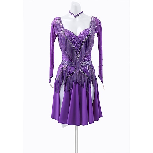 Atemberaubendes, lilafarbenes Latein-Tanzkleid für Damen – lange Ärmel aus Mesh, Strass-Herzausschnitt, üppige Fransen, asymmetrischer Rock passendes Choker-Rumba-Salsa-Kleid Image