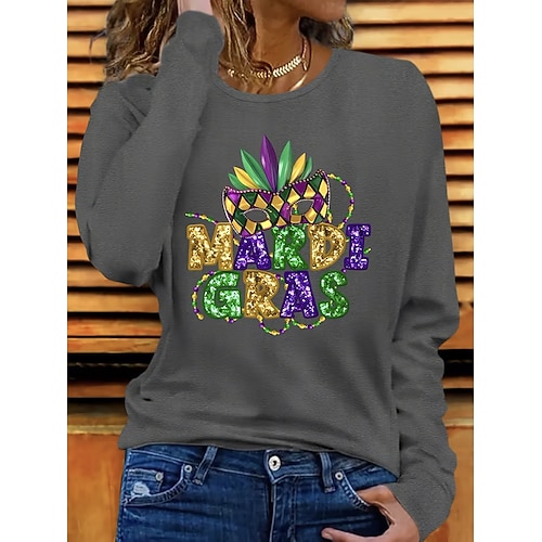 Karneval Damen T-Shirt Grafik Mode Stylisch Klassisch Langarm Rundhals Reguläre Oberteile Täglicher Wochenenddruck Schwarz Weiß Grau Sommer Frühling Herbst Image