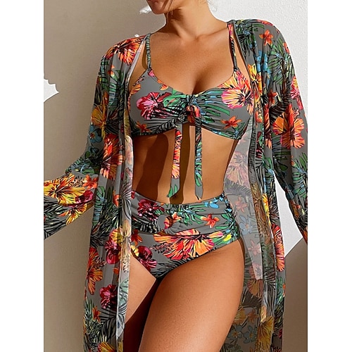 Womens Bikini 3-teiliger Badeanzug Palme Briefs Slim Rückenfrei Urlaub Strandbekleidung Floral Blätter Scoop-Hals Ärmellose Bademode Image