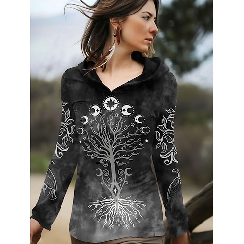Damen Boho T-Shirt Grafik Pflanzen Vintage Stylisch Klassisch Langarm Kapuze Reguläre Oberteile Täglich Wochenende Druck Schwarz Gelb Lila Braun Frühling Image