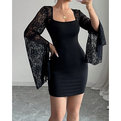 Damen Minikleid schwarzes kleid Spitzenkleid Partykleid Cocktailkleid Elegant Modern Abendgesellschaft Party Cocktailparty Normale Passform Einfach Langarm Quadrathals Schwarz Frühling Herbst Image