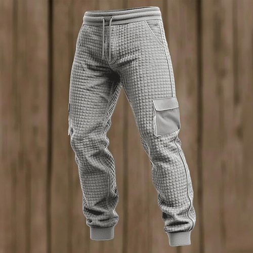 Herren Waffel Cargo-Hosen Jogginghose Jogger Hose Freizeithose Tasche Elastischer Bund Mehrere Taschen Einfach Komfort Volle Länge Outdoor Lässig Täglich Urlaub Mode Schwarz Weiß Mikroelastisch Image