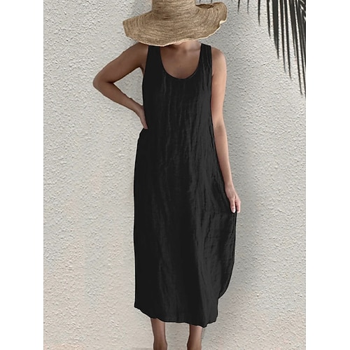 Women's Baumwoll-Leinen Midi Kleid Shift Kleid Sommer Kleid Casual Täglich Lässige Passform Einfarbig Ärmellos U-Hals Schwarz Weiß Rosa Sommer Image