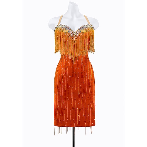 Strahlend orangefarbenes Latein-Tanzkleid für Damen – Neckholder-Ausschnitt in Herzform mit Strass-Oberteil Kleid mit aufwendigen Fransen für Rumba, Salsa und Cha-Cha Image