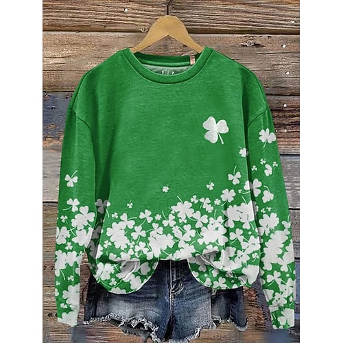 St. Patrick's Day Damen Pullover Sweatshirt Grafik Kleeblatt Lässig Langarm Rundhals Reguläre Oberteile Lässig Straße Täglichdruck Weiß Orange Grün Frühling Winter Image